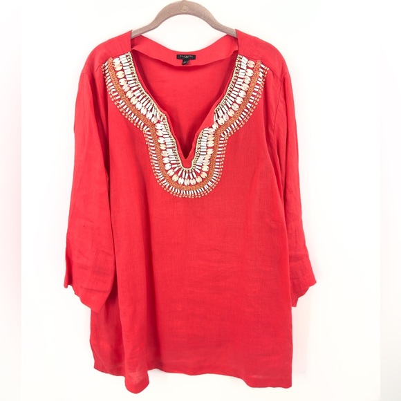 Talbots Shell Embellished Linen Tunic Top Women Size 3X Watermelon Beach Coastal - Picture 1 of 8